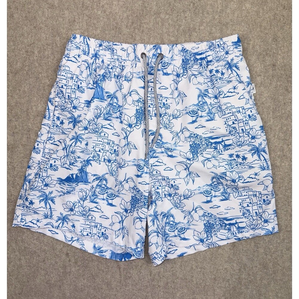 Vintage Summer Men’s Size Medium Swim Trunks Pockets Liner White/Blue Graphic